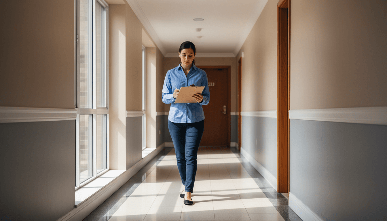 Property manager walking through a residential building hallway in Toronto